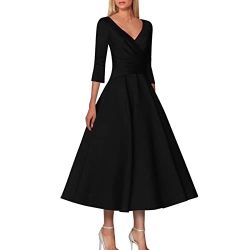 Damen Elegantes Audrey-Hepburn-Kleid V-Ausschnitt 3/4 Ärmel Baumwolle Abendkleider elegant für Hochzeit lässiger Schwingpassform und A-Linie 60er...