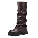 Tasteall Fold Over Platform Boots for Women, Knee High Shark Boots Round Toe Pleated Slouchy Boot Shoes for Casual Brown Size 8