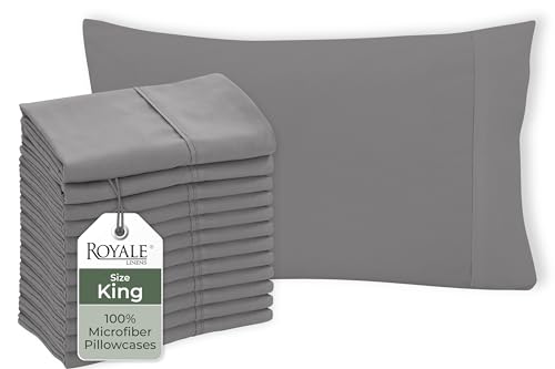 Image of Royale Linens Grey Pillowcase Set of 12 - King 20 inchx40 inch Bed Pillow Cover - 1800 Brushed Microfiber - Wrinkle & Fade Resistant - Bulk Pillow Cases - Hotel Quality Pillowcase 12 Pack (King, Grey)