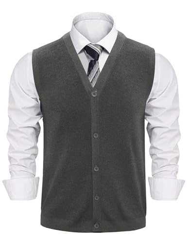 Sykooria Gilet Maglia Uomo Smanicato Cotone con Bottoni Cardigan Scollo a V Basic per Tutti i Giorni Ufficio Tempo Libero, Grigio Scuro XL