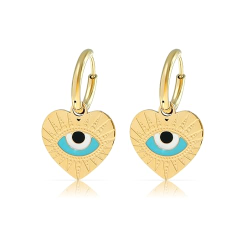 Made by Nami Juego de pendientes de oro con colgante de corazón y ojo de Evil de acero quirúrgico, ojo turco, pendientes de corazón, joyas bohemias, regalo para mujer