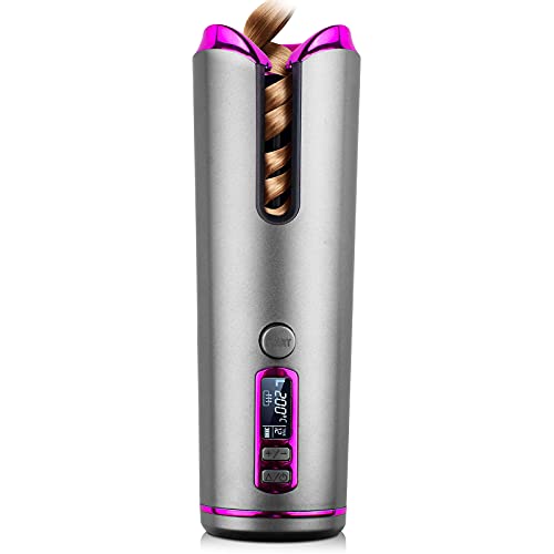 Cordless Automatic Hair Curler, Beach Waves Auto Curling Iron with Fast Heating, Timer 6 Adjustable Temperature and LCD Display, Portable USB Rechargeable Anti-Tangle Ceramic Barrel