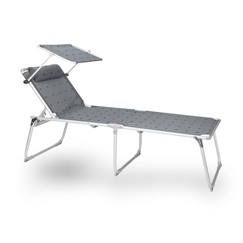 BERGER Aluminium Sonnenliege XL mit Dach 5-Fach verstellbare Campingliege Liegestuhl klappbar │Gartenliege Liege Balkon Liegestuhl faltbar (Grau)