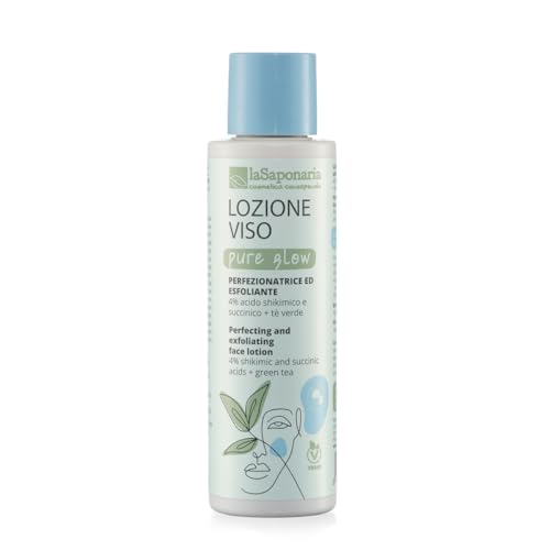 La Saponaria | Lozione viso Pure Glow, tonico esfoliante perfezionatore con 4% acido shikimico e succinico e estratto di tè verde, ideale per una pelle più liscia e luminosa. 150 ml