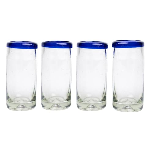 MEXTEQUIL Specialty Mexican Tequila Glasses, Hand-Blown with Unique Color & Texture Set of 4 pieces (Blue Rim)