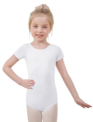White Short Sleeve Ballet Leotards for Girls - Toddler Dance Outfits Ballerina Gymnastics Clothes Cotton Bodysuit Kids 2-14 Years 4-6 Years S