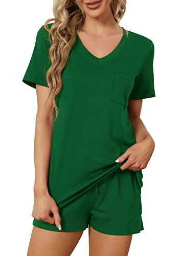 Image of RUBZOOF Women's Short Sleeve Pajama Sets with Pockets Casual V Neck 2 Piece Lounge Sets S-3XL