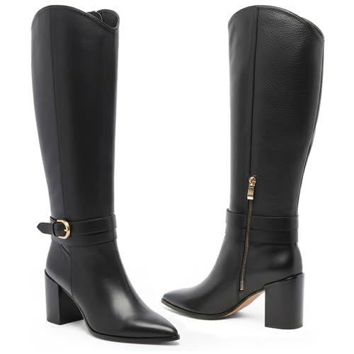 WIRALOMI Black Boots for Women Knee High Pointed Toe Chunky Heel Boots Metal Buckle Tall Boots with Side Zipper Fall Long Boots,8 — view 5
