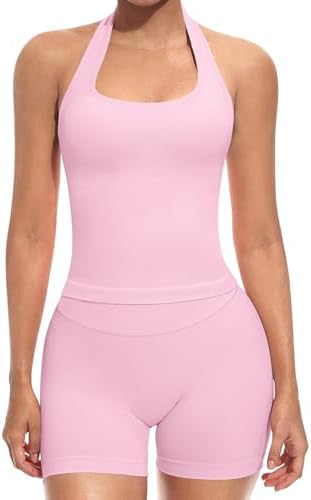 2Pcs Workout Sets for Women Longline Halter Tank Top Backless Scoop Neck&Hidden Scrunch Shorts Yoga Outfits Gym Tracksuit - 1
