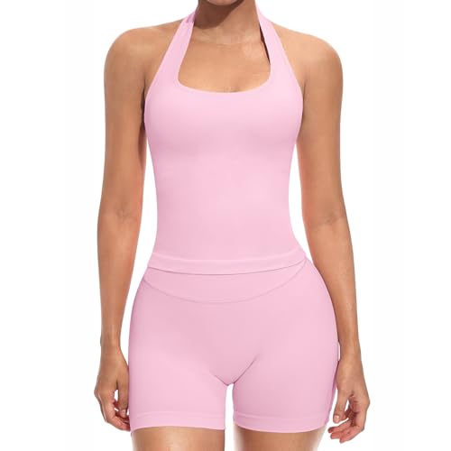 2Pcs Workout Sets for Women Longline Halter Tank Top Backless Scoop Neck&Hidden Scrunch Shorts Yoga Outfits Gym Tracksuit