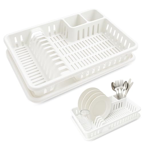 Escurreplato de plástico, Escurridor de Platos, Escurridor Fregadero de 2 módulos, con Bandeja Anti-Goteo, 45 cm de Ancho x 29.7 cm de Fondo x 8 cm de Altura, Blanco