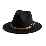 EOGIMI Fashion Women Wide Brim Fedora Floppy Panama Hat with Belt Buckle Black
