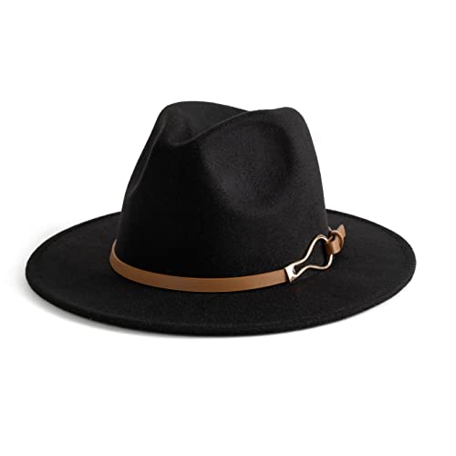 EOGIMI Fashion Women Wide Brim Fedora Floppy Panama Hat with Belt Buckle Black