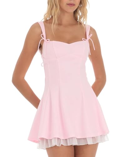 ensswliz Women’s Corset Mini Dress Fashion Sleeveless Backless Tiered Ruffle Hem Dress Summer Solid Color Bow Tie Strap Skater Tank Dresses (A-Pink, M)