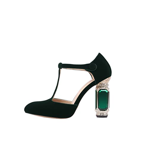 JANSEVEN Women Chunky High Heels Block Heeled Crystal Pumps Unique Jewel Gemstone Heel Round Closed Toe With Rhinestone Suede T-strap Sandals Party Bridal Wedding Shoes2