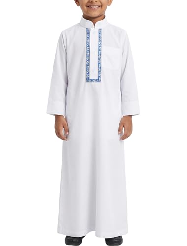 Image of OBEEII Boy's Muslim Arab Solid Color Thobe Long Sleeve Kaftan Embroidered Robe Islamic Arabic Abaya Thobe