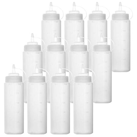 Bekith 12 pack Plastic Squeeze Condiment Bottles 480ml Wide Mouth Sauce Bottles with Cap Lid and Discrete Measurements, Empty Squeeze Dispenser Squirt Bottle For Sauce, Ketchup Cover