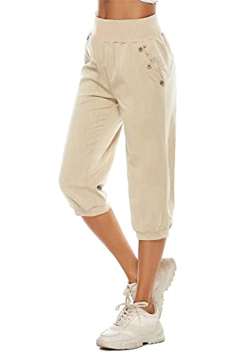 ORANDESIGNE Pantalon Sport Femme Été Pantacourt en Lin Pantalon 3/4 Taille Haute Capri de Survêtement Pantacourt Cargo Jogging Casual Yoga Fitness A Kaki XL