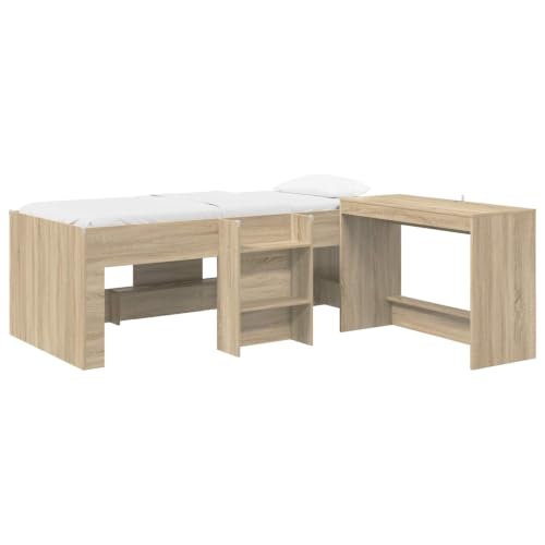 Mhdvray Cama multifunción con escritorio integrado, 203 x 119,5 x 68,5 cm, cama juvenil, estructura estable de madera para apartamento de una habitación y dormitorio pequeño, roble Sonoma