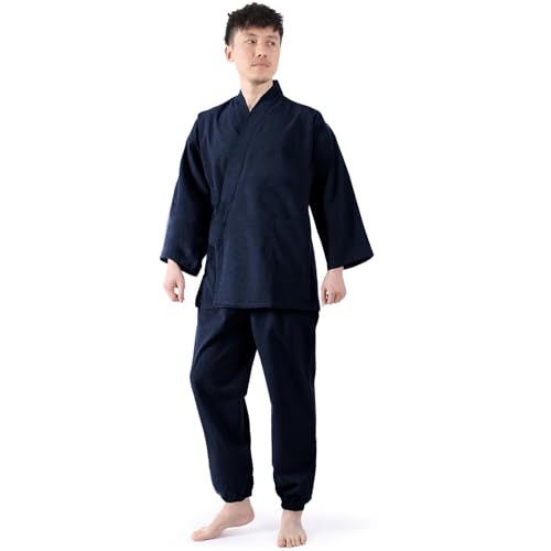 [Poweforest] 作務衣 さむえ メンズ 男性用 春秋 綿100 前開き 浴衣 大きいサイズ さむい やや和服 上下 セット ルームウェア 通年(ネイビー,M)の商品画像（Amazon）