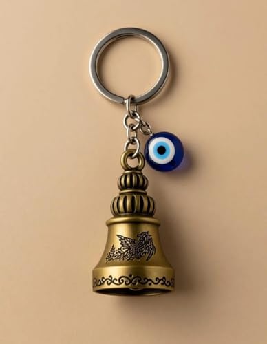 Image of Evil Eye Bell Keychain, Metal, Antique Vintage Style, Nazar Protection Lucky Charm, Unisex Key Ring for Car, Bike, Bag