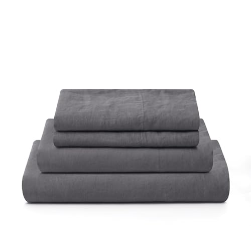 Image of ATLINIA 100% Pure Flax Linen Bedding Set - Stone Washed French Linen Fabric Deep Pocket Fitted Sheet Farmhouse Flat Sheet 2 Pillowcases (Dark Grey, Full)