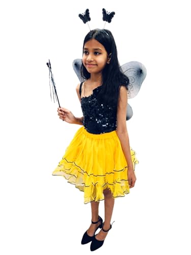 Image of BookMyCostume Butterfly & Honey Bee Fairy Costume for Girls - Sparkly Sequin Top & Layered Tulle Skirt Dress Set with Wings and Wand - Fancy Dress Outfit for Annual Day, Halloween & Cosplay 6-7 years