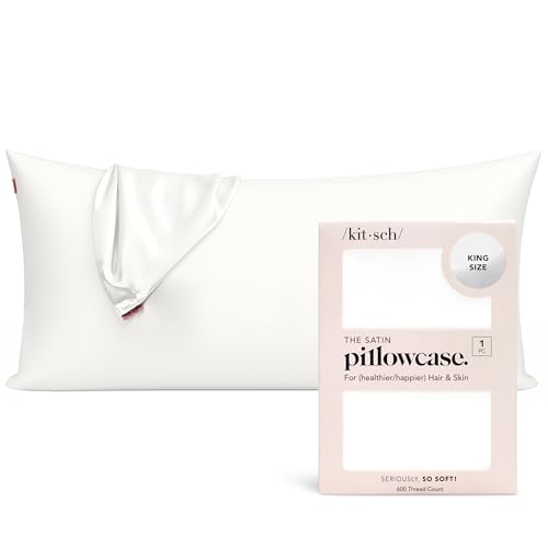 Kitsch Satin Pillowcase, Softer Than Silk Pillow Cases King, Cooling Pillow Covers, Satin Pillowcase with Zipper for Hair, Skin & Quality Sleep, Wrinkle-Free & Smooth, King Size 19"x36", Ivory