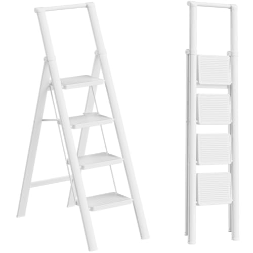 GameGem 4 Step Ladder, Foldable 4 Step Stool, White