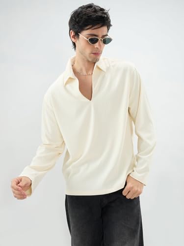 Image of VASTRADO Pastel Cream Precision Rib Striped Oversized Polo Knitted Shirt