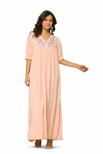 Image of NIHSAMAH Viscose Nighty for Women, Embroidered & Printed Stylish Night Gown, Long Sleeve Comfortable Sleepwear Long Nightwear, Maxi