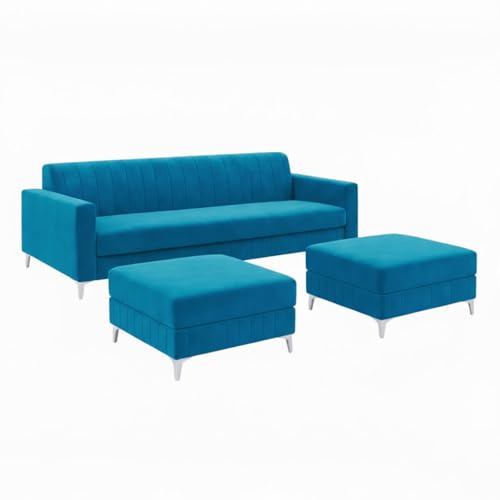 Image of Amelia 5 Seater L Shape Sofa Set with 2 Movable Ottomans | Flexible Layout | Rich Velvet Suede Fabric | Silver Legs | Spacious Soft Touch Seating | Modern Sofa for Living Room (Aqua Blue)