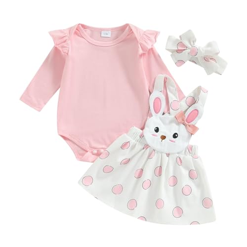 Image of Murnouche Easter Baby Girl Outfit Ruffle Trim Romper Bunny Suspender Skirt Dress Set with Headband Summer Clothes