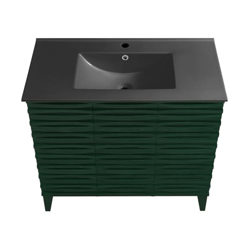 Image of Swiss Madison Cascade 36 inch Freestanding Bathroom Vanity in Green Oak with Black Sink Top