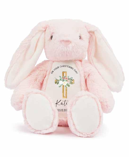 Christening Gift Plush Toy With Custom Name, Date and Church Keepsake Bunny For Baby Girl Nameing Ceremony Handmade Custom Gift (Pink)