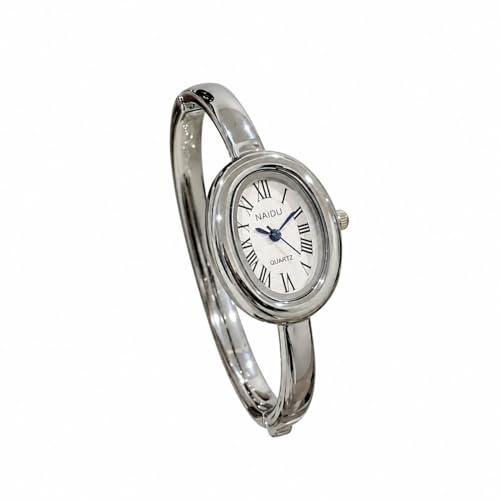DESTANICO Women's Bangle Bracelet Watch, Oval Dial, Roman Numeral, Elegant Style (Silver)
