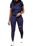Women Casual 2 Piece Sport Outfits Short Sleeve Ripped Hole Pullover Hoodie Sweatpants Set Jumpsuits...