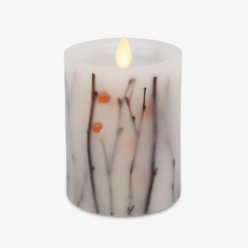 Image of Luminara - Flameless Flickering Moving Flame Battery Operated Unscented Candle LED Decor & Gift- Embedded Pillar Collection (Orange Berries & Twigs, 3.2 inch x 4.5 inch)