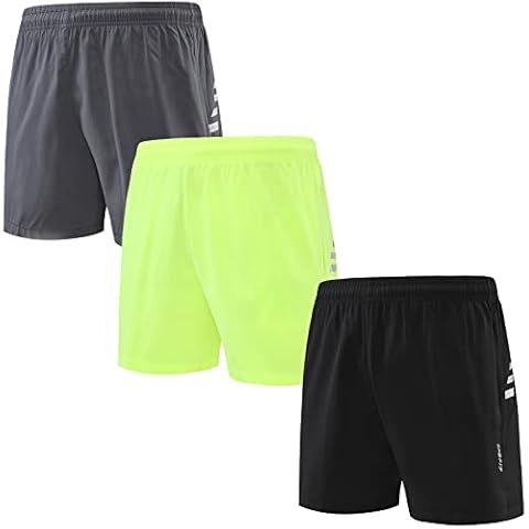 BOOMCOOL Men’s Running Shorts 3 Inch Quick Dry Gym Athletic Workout Shorts for Men with Zipper Pockets, Fluorescent Green + Dark Gray + Black, Medium Cover
