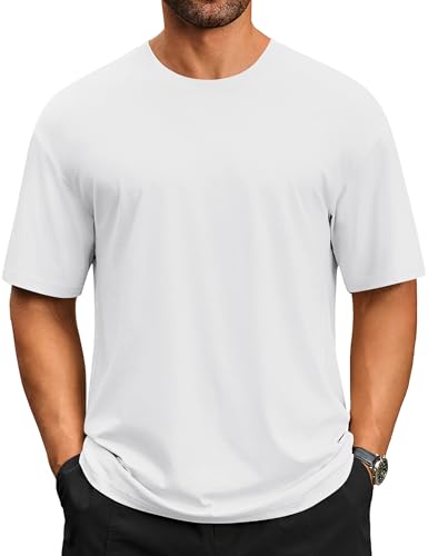 Cotrasen Men's T-Shirts Drop Shoulder Short Sleeve Cotton Tees UPF 50+ Casual Loose Fit Crew Neck Mens Curved Hem T Shirts