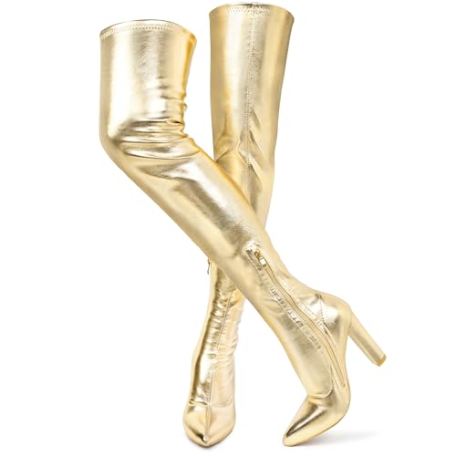 Wsheliu Women Fashion Thigh High Boots Gold Chunky Heel Pointed Toe Over The Knee Boots Tall Boots GOGO Boots 2024 Knee High Boots Prom Party Block Heel Boots Gold Size 9