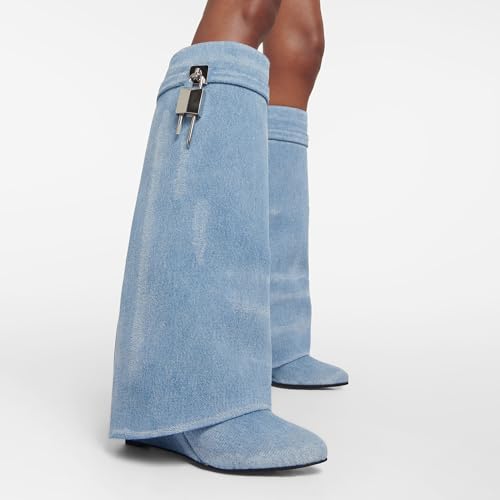Image of Arqa Medium Blue Fold Over Knee High Boots Covered Wedge Heels Western Cowboy Boots Almond Toe Wide Calf Dress Party Shoes Size 4