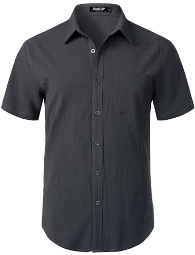 JEMITOP Mens Stretch Wrinkle Free Short Sleeve Texture Shirts Summer Casual Stylish Lightweight Button Down Beach Vacation Shirt Dark Grey L