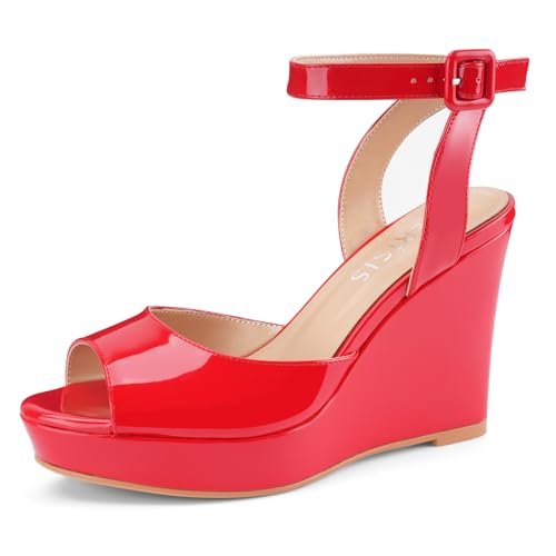 Image of Women's Dressy Platform Wedge Sandals Gold Wedges Peep Toe Patent High Heels Slingback Heeled Comfortable Ankle Strap Shoes