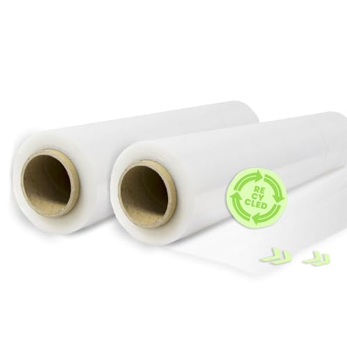 Film Elástico de Plástico Estirable, Transparente 70% Reciclado, 50cm Extensible Hasta 300 Metros de Largo Protector de Embalaje Industrial Resistente, Film para Embalar y Paletizar (2 Rollos)
