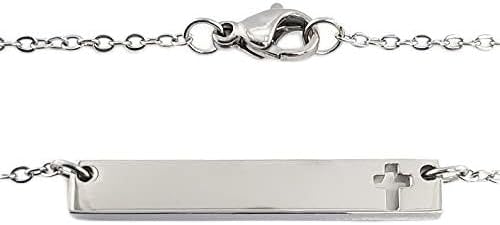 Bar Necklace with Cut Out Cross - Personalized Gift Jewelry - Custom Engraved - Horizontal - Silver, Gold, Rose Gold colors