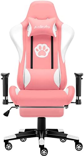 JL Comfurni Gaming Chair Desk Chairs with Footrest Ergonomic Racing Leather Chair Office Computer Swivel Chair High Back Reclining Pink
