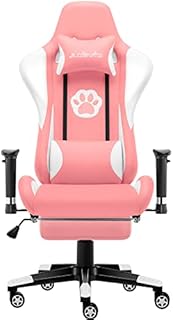 JL Comfurni Gaming Chair Desk Chairs with Footrest Ergonomic Racing Leather Chair Office Computer Swivel Chair High Back Reclining Pink