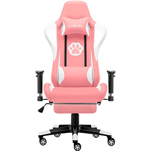 JL Comfurni Gaming Stuhl Schreibtischstuhl mit Fußstütze Ergonomisch Racing Leder Stuhl Büro Computer Drehstuhl Hohe Rückenlehne Lehner Pink Cover