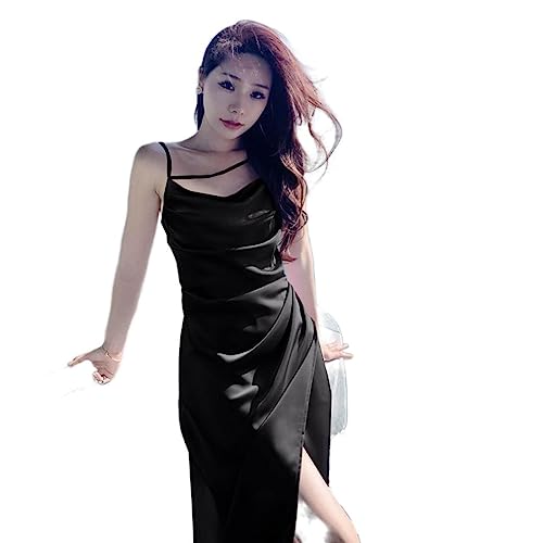Robe en satin français mi-longue plissée à bretelles pour femme